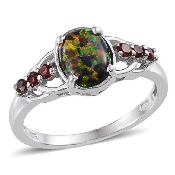 New Solid Sterling Silver Black Opal & Garnet Ring - Picture 2 of 9